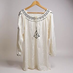 Lane Bryant Tunic Dress Boho Embroidered Peasant Shift Cream Plus 14/16 Flowing